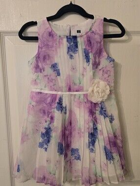 Janie and Jack Lavender & Blue Floral Pleated Dress with Cream Flower